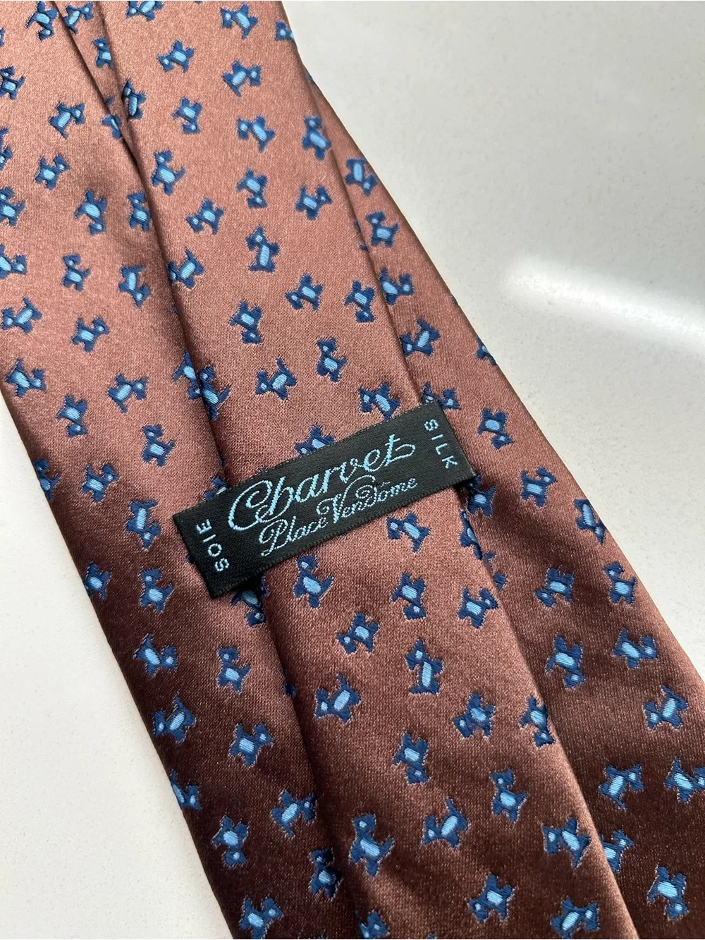 Charvet Place Vendôme Paris Silk Tie Brown Blue Dog Geometric Made in France #45